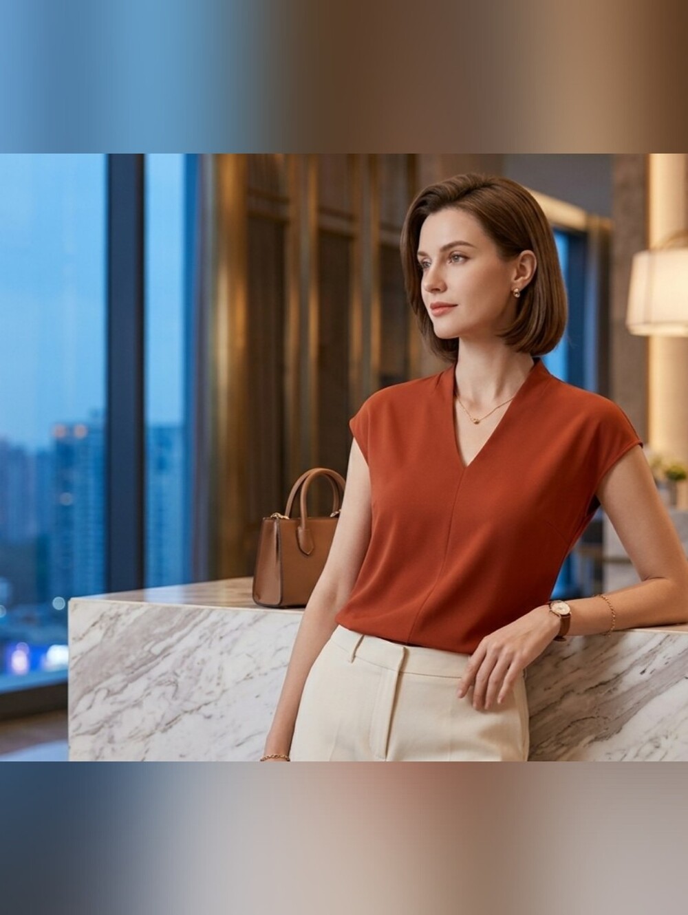 Calvin Klein V-Neck Cap Sleeve Top - Rust / Burnt Orange